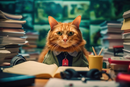 A cat wearing a tie sitting at a desk. Generative AI image.の素材