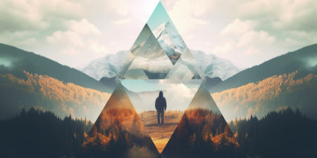 A person standing in front of a mountain. Generative AI image.の素材
