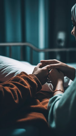 A woman holding a mans hand in a hospital bed. Generative AI image.の素材