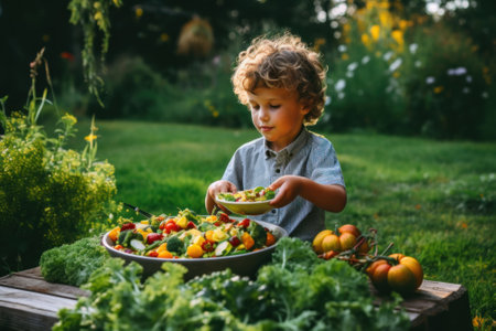 A little boy sitting in the grass with a bowl of vegetables. Generative AI image.の素材
