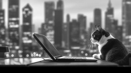 A black and white cat sitting in front of a laptop. Generative AI image.の素材
