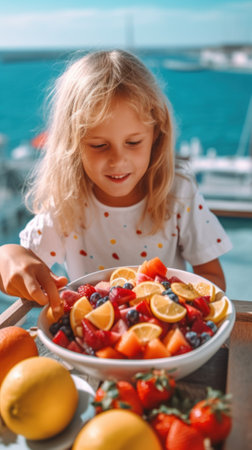 A little girl sitting at a table with a bowl of fruit. Generative AI image.の素材