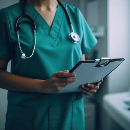 A woman in a green scrub suit holding a clipboard. Generative AI image.の素材