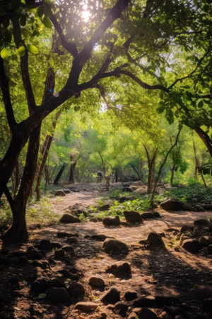 The sun shines through the trees in the forest. Generative AI image.の素材