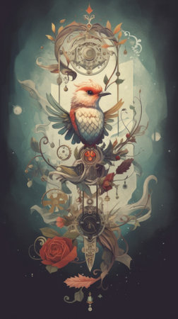A painting of a bird sitting on top of a clock. Generative AI image.の素材