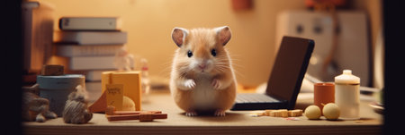A hamster sitting on top of a desk next to a laptop. Generative AI image.の素材