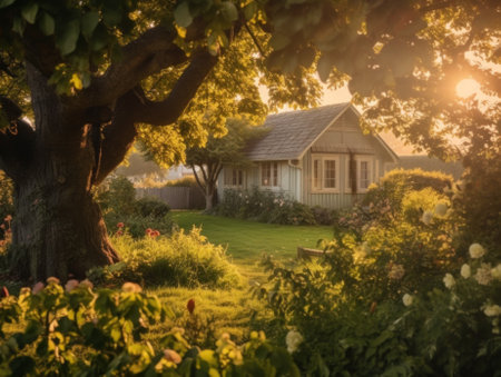 A house in the middle of a lush green field. Generative AI image.の素材