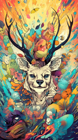 A painting of a deer surrounded by other animals. Generative AI image.の素材