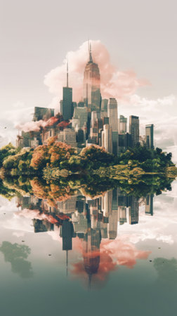 A digital painting of a city with skyscrapers. Generative AI image.の素材