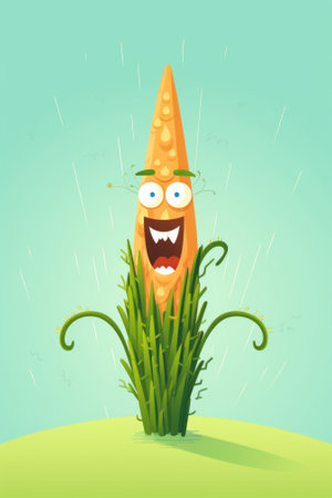 A cartoon character is standing in the grass. Generative AI image.の素材