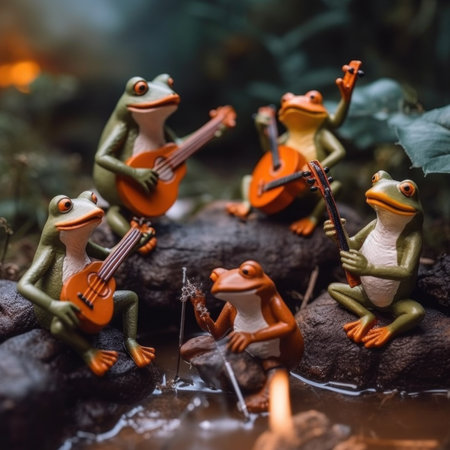 A group of frog figurines sitting on top of a rock. Generative AI image.の素材