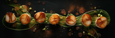 A close up of a plate of food with scallops. Generative AI image.の素材