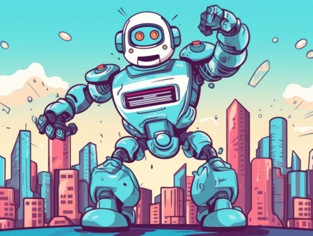 A cartoon robot in the middle of a city. Generative AI image.の素材