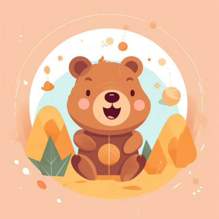 A brown bear sitting on the ground with leaves. Generative AI image.の素材