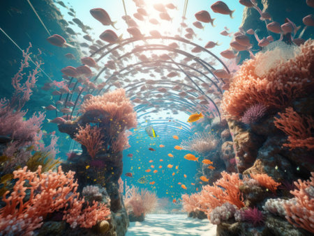 An underwater scene with corals and fish. Generative AI image.の素材