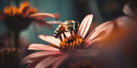 A bee sitting on top of a pink flower. Generative AI image.の素材