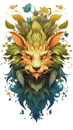 A digital painting of a face with leaves on it. Generative AI image.の素材
