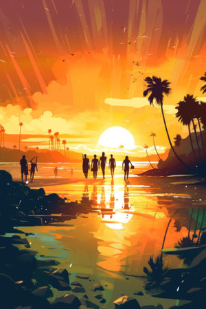 A group of people walking on a beach at sunset. Generative AI image.の素材