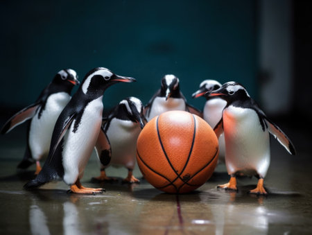 A group of penguins standing around a basketball. Generative AI image.の素材