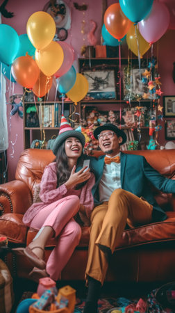 A man and woman sitting on a couch with balloons. Generative AI image.の素材