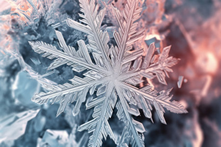 A close up of a snowflake on a tree. Generative AI image.の素材