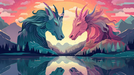 Two horses facing each other in front of a lake. Generative AI image.の素材