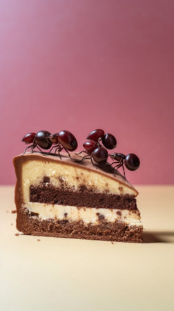 A piece of cake with ants on top of it. Generative AI image.の素材
