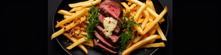 A steak and french fries on a black plate. Generative AI image.の素材
