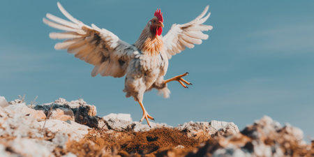 A rooster is standing on a pile of dirt. Generative AI image.の素材