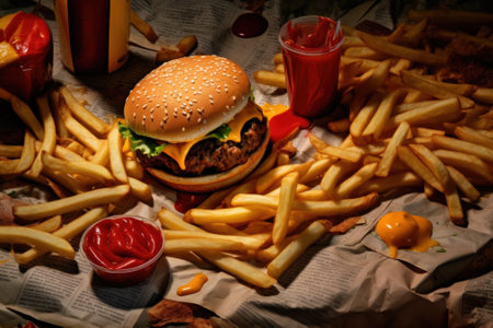 A hamburger and french fries on a table. Generative AI image.の素材