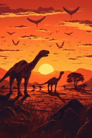 A group of dinosaurs walking across a grass covered field. Generative AI image.の素材