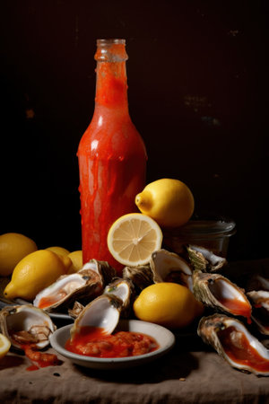 A bottle of ketchup next to a plate of oysters and lemons. Generative AI image.の素材