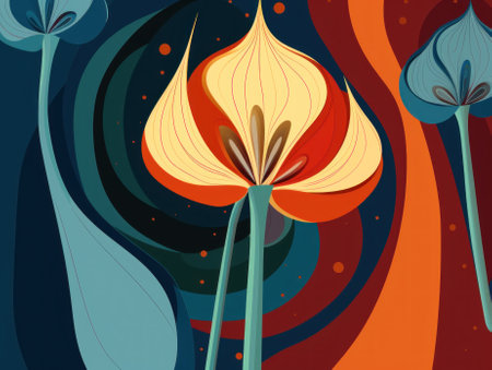 A group of flowers that are on a blue and orange background. Generative AI image.の素材