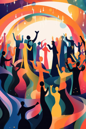 A group of people dancing in a circle. Generative AI image.の素材