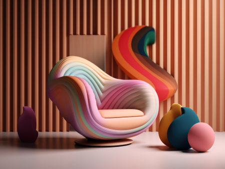 A colorful chair sitting next to two vases. Generative AI image.の素材