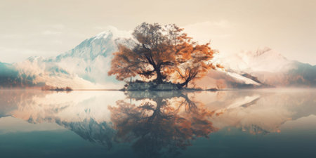 A lone tree is reflected in a lake. Generative AI image.の素材