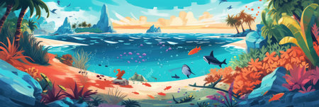 A painting of an ocean scene with birds and plants. Generative AI image.の素材