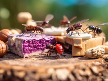 A group of insects sitting on top of a piece of cake. Generative AI image.の素材