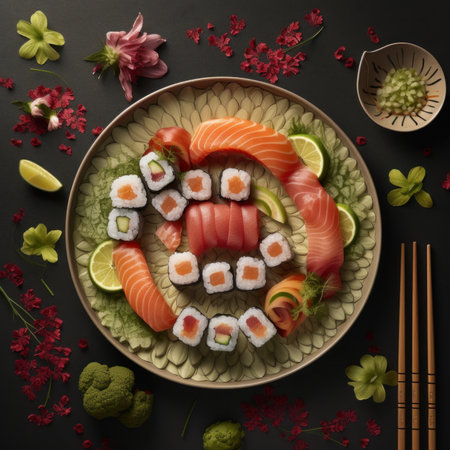 A plate of sushi and chopsticks on a table. Generative AI image.の素材