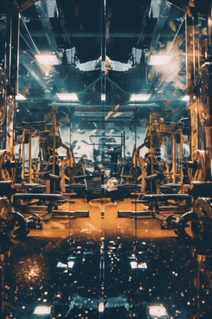 A gym room with a mirror reflecting the gym equipment. Generative AI image.の素材