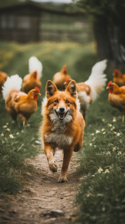 A dog running on a path with chickens in the background. Generative AI image.の素材