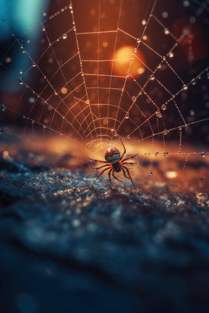 A spider sitting on top of a spider web. Generative AI image.の素材