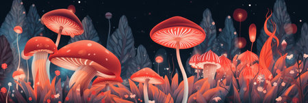 A group of red mushrooms sitting on top of a lush green field. Generative AI image.の素材