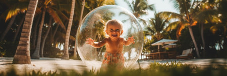A baby in a bubble on the beach. Generative AI image.の素材