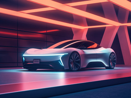 A futuristic car is parked in a garage. Generative AI image.の素材