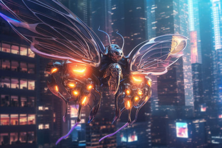 A large butterfly flying over a city at night. Generative AI image.の素材