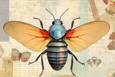 A blue and orange insect sitting on top of a map. Generative AI image.の素材