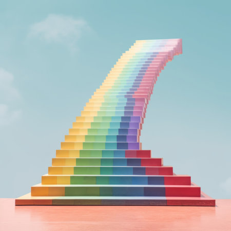 A rainbow colored stair going up into the sky. Generative AI image.の素材