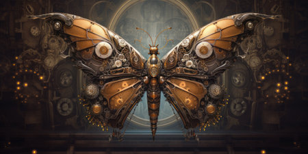 A large butterfly with gears on its wings. Generative AI image.の素材