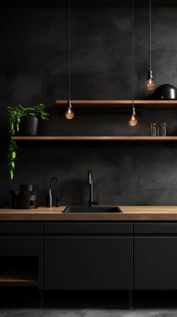 A kitchen with black walls and wooden shelves. Generative AI image.の素材